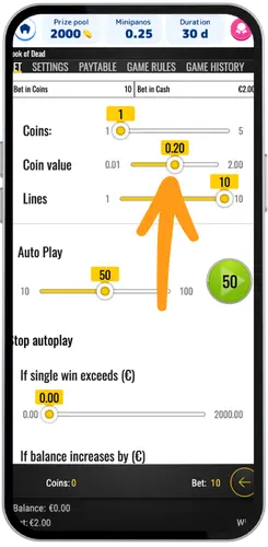Book of Dead slot bet settings with coins, coin value and lines