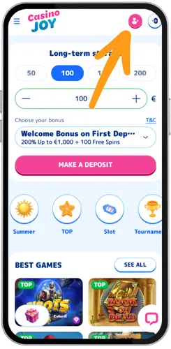 Casino homepage with Book of Dead in best games and sign-up button